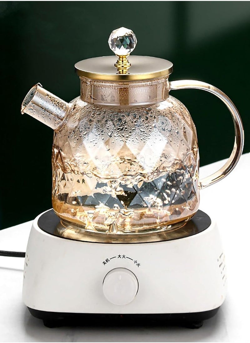 Heat Resistant Borosilicate Diamond Pattern Glass Teapot With Stainless Steel Strainer Lid And Infuser, 1200 ML