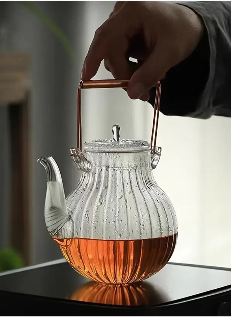 Borosilicate Ridged Glass Teapot With Copper Handle 600 ML