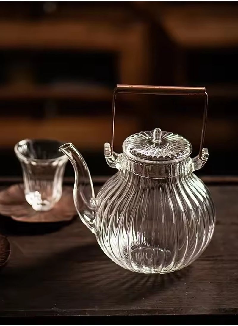 Borosilicate Ridged Glass Teapot With Copper Handle 600 ML