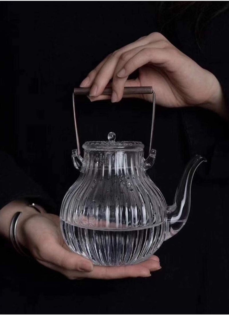 Borosilicate Ridged Glass Teapot With Copper Handle 600 ML