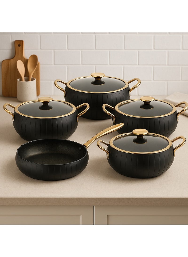 OMS 9Pcs Meridian Granite Cookware Set - Black Color - Made in Turkey