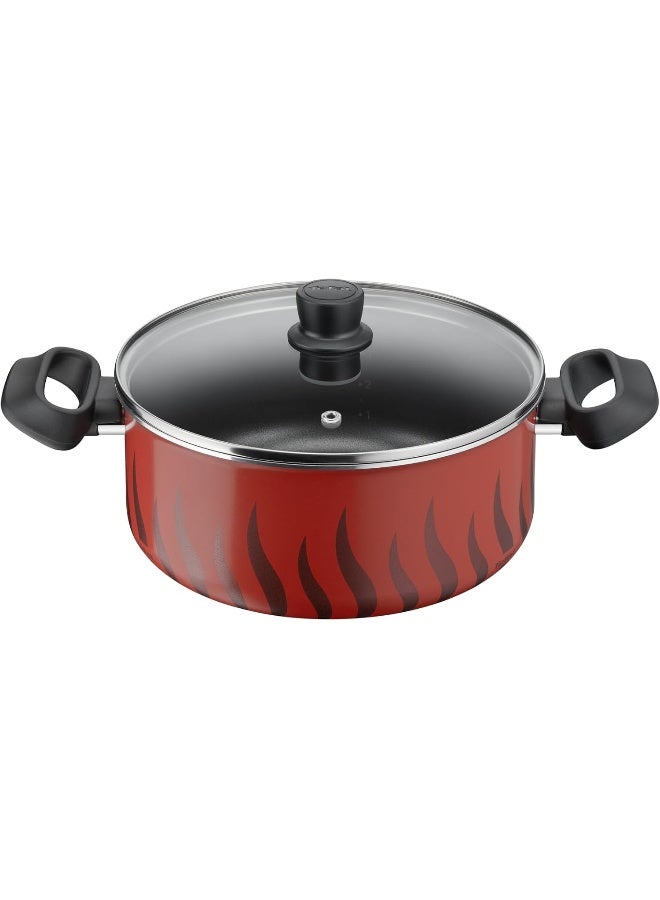 TEFAL Cooking Pot | Tempo Flame 24 cm Non Stick Casserole With Lid | Red | Aluminium | 2 Years Warranty | C3044685 Red with black flames 24cm