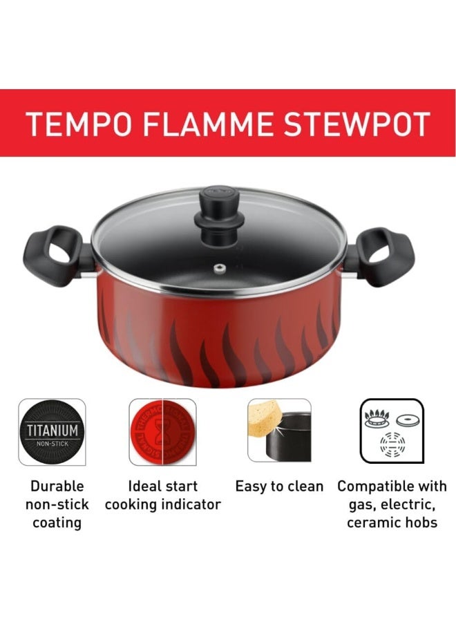 TEFAL Cooking Pot | Tempo Flame 24 cm Non Stick Casserole With Lid | Red | Aluminium | 2 Years Warranty | C3044685 Red with black flames 24cm