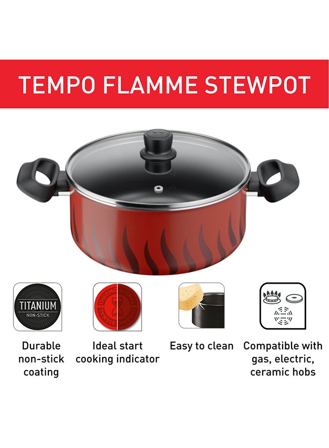 TEFAL Cooking Pot | Tempo Flame 22 cm Non Stick Casserole With Lid | Red | Aluminium | 2 Years Warranty | C3044585 Red with flame design 22cm