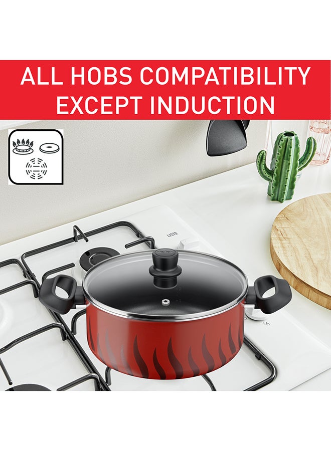 TEFAL Cooking Pot | Tempo Flame 22 cm Non Stick Casserole With Lid | Red | Aluminium | 2 Years Warranty | C3044585 Red with flame design 22cm