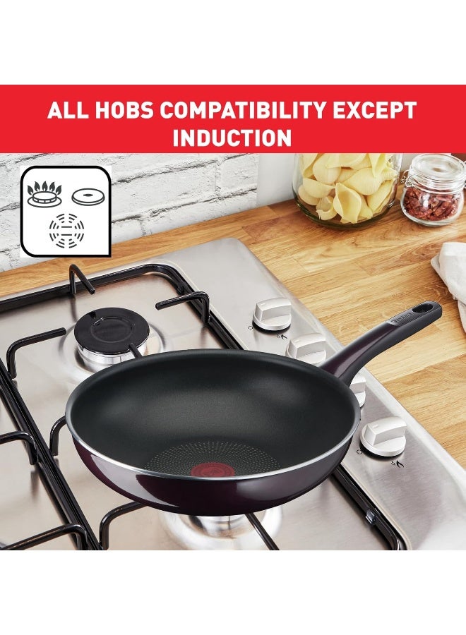 Wok Pan | Resist Intense 28 cm Non-Stick Wok Frying Pan with Thermo Spot | Flame Protect Resistant | Ideal Shape | Easy Cleaning | Safe | Bordeaux Burgundy| D5221983 Burgundy Wok Pancm