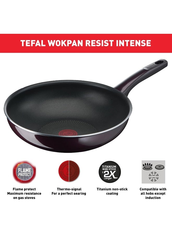 Wok Pan | Resist Intense 28 cm Non-Stick Wok Frying Pan with Thermo Spot | Flame Protect Resistant | Ideal Shape | Easy Cleaning | Safe | Bordeaux Burgundy| D5221983 Burgundy Wok Pancm