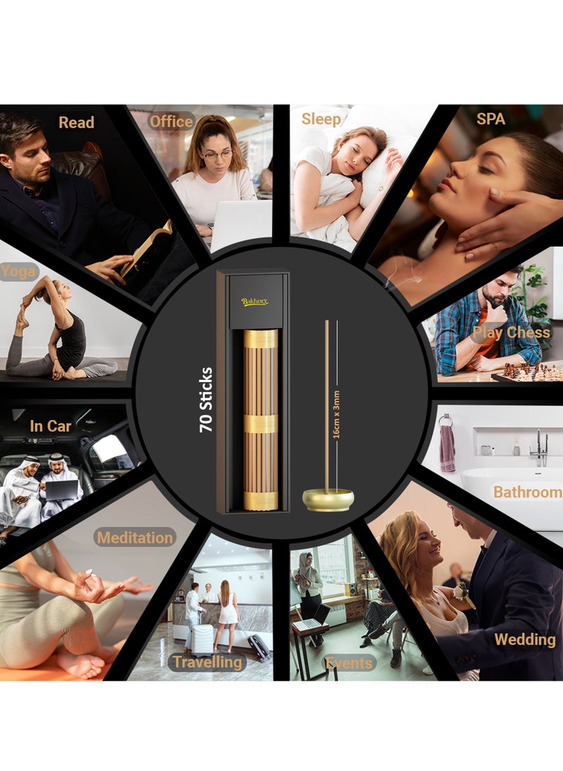 70 Pcs Cambodian Oud Incense Sticks, 3mm Thick, 50g Agarwood with Free Copper Holder for Home, Office, Meditation & Yoga