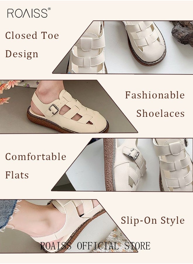 Ladies Solid Color Flat Shoes Ladies Rubber Sole Strap Sandals Snap Button Adjustable Size Mary Jane Beach Sandals Women's Breathable Comfortable Non-Slip Sandals
