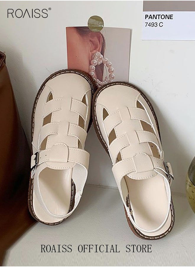 Ladies Solid Color Flat Shoes Ladies Rubber Sole Strap Sandals Snap Button Adjustable Size Mary Jane Beach Sandals Women's Breathable Comfortable Non-Slip Sandals