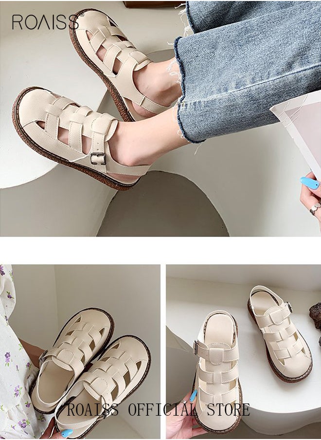 Ladies Solid Color Flat Shoes Ladies Rubber Sole Strap Sandals Snap Button Adjustable Size Mary Jane Beach Sandals Women's Breathable Comfortable Non-Slip Sandals