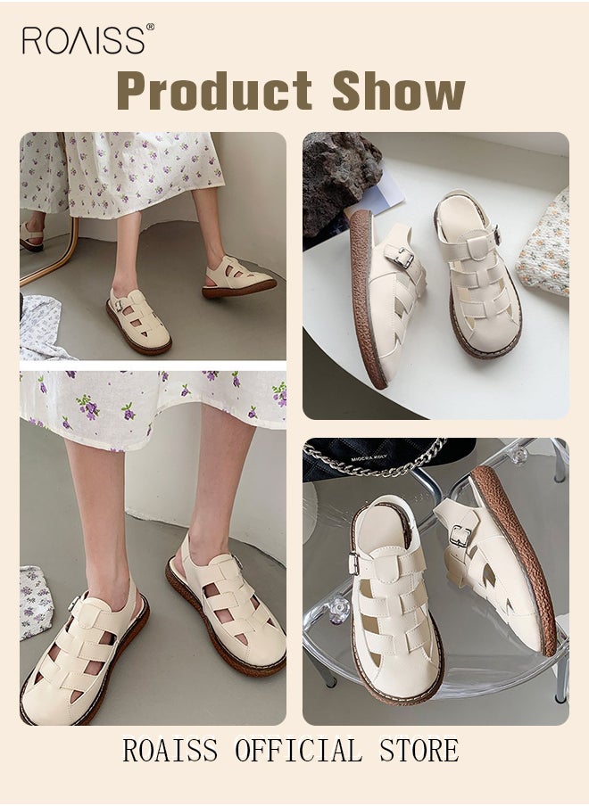 Ladies Solid Color Flat Shoes Ladies Rubber Sole Strap Sandals Snap Button Adjustable Size Mary Jane Beach Sandals Women's Breathable Comfortable Non-Slip Sandals