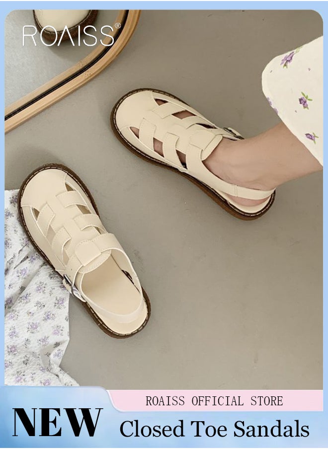 Ladies Solid Color Flat Shoes Ladies Rubber Sole Strap Sandals Snap Button Adjustable Size Mary Jane Beach Sandals Women's Breathable Comfortable Non-Slip Sandals