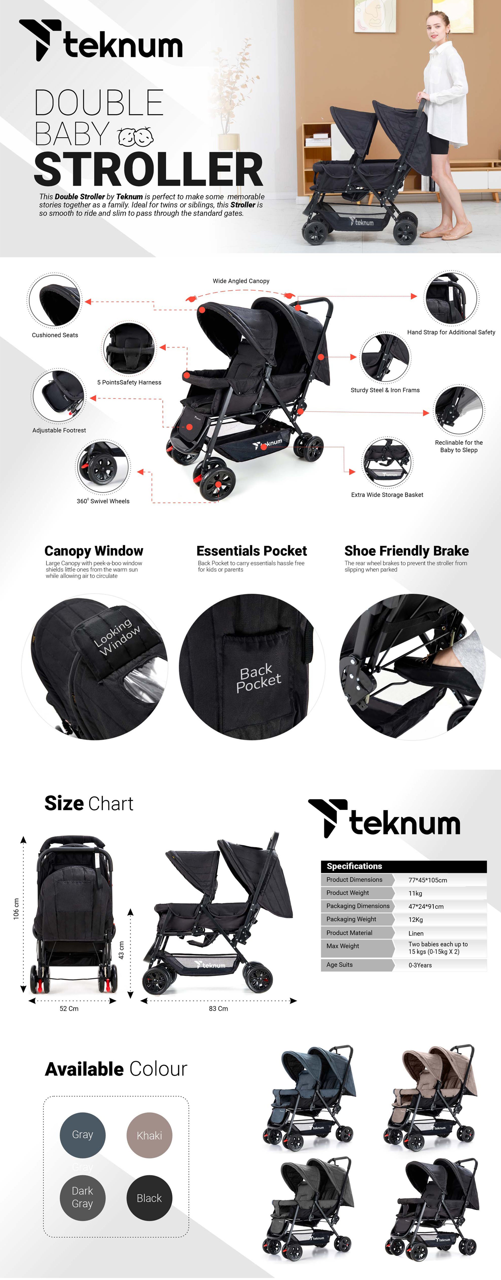 Double Baby Stroller Pram - Black