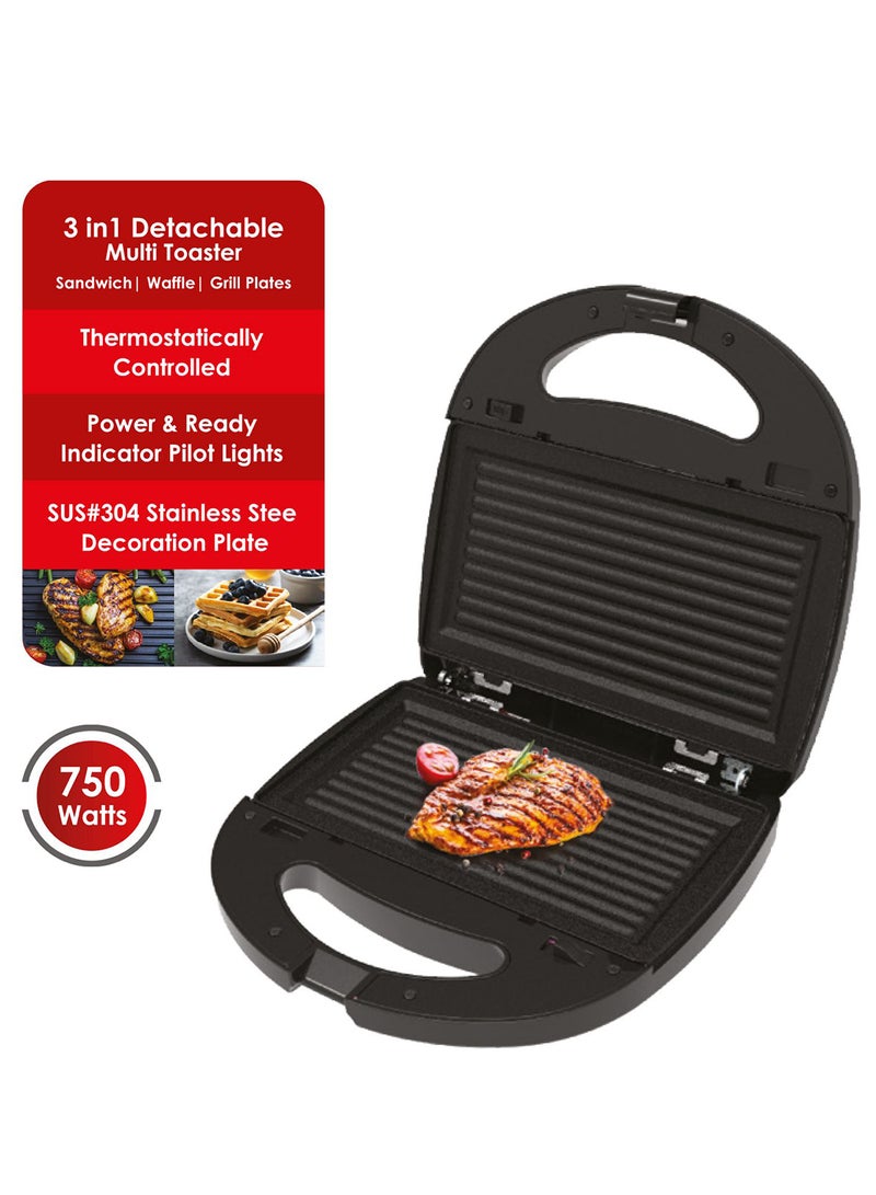 3-in-1 Detachable Multi Toaster with Thermostatic Control, Non-Stick Plates for Sandwiches, Waffles and Grilling 750 W SF9955DMT Black
