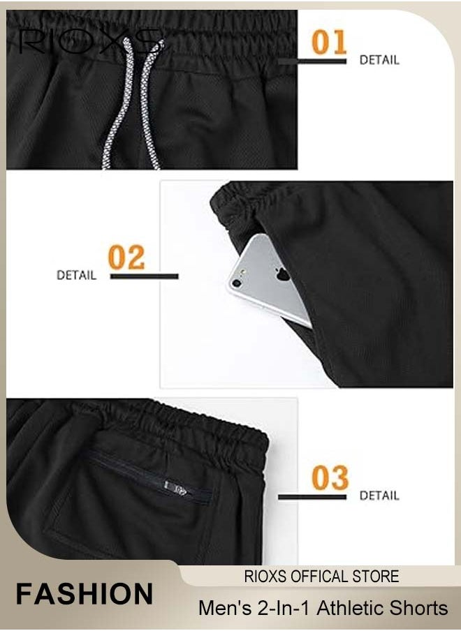 Men's 2-In-1 Athletic Running Shorts, Lightweight Sportwear Quick-Drying Shorts, Fitness Stretch Sports Shorts with Pockets for Phone, No Fading, No Deformation