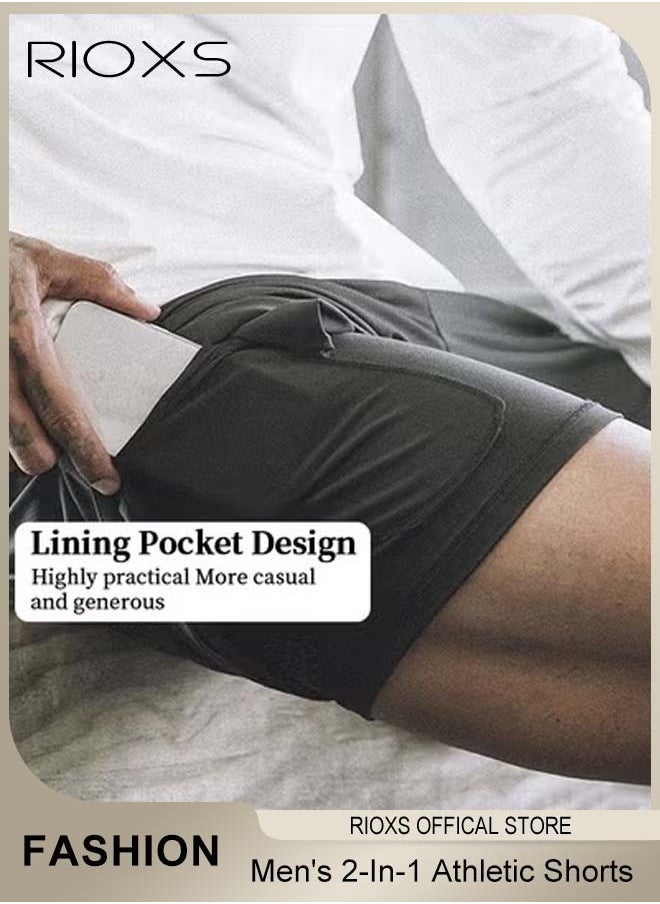 Men's 2-In-1 Athletic Running Shorts, Lightweight Sportwear Quick-Drying Shorts, Fitness Stretch Sports Shorts with Pockets for Phone, No Fading, No Deformation