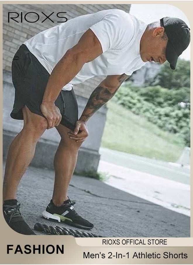 Men's 2-In-1 Athletic Running Shorts, Lightweight Sportwear Quick-Drying Shorts, Fitness Stretch Sports Shorts with Pockets for Phone, No Fading, No Deformation