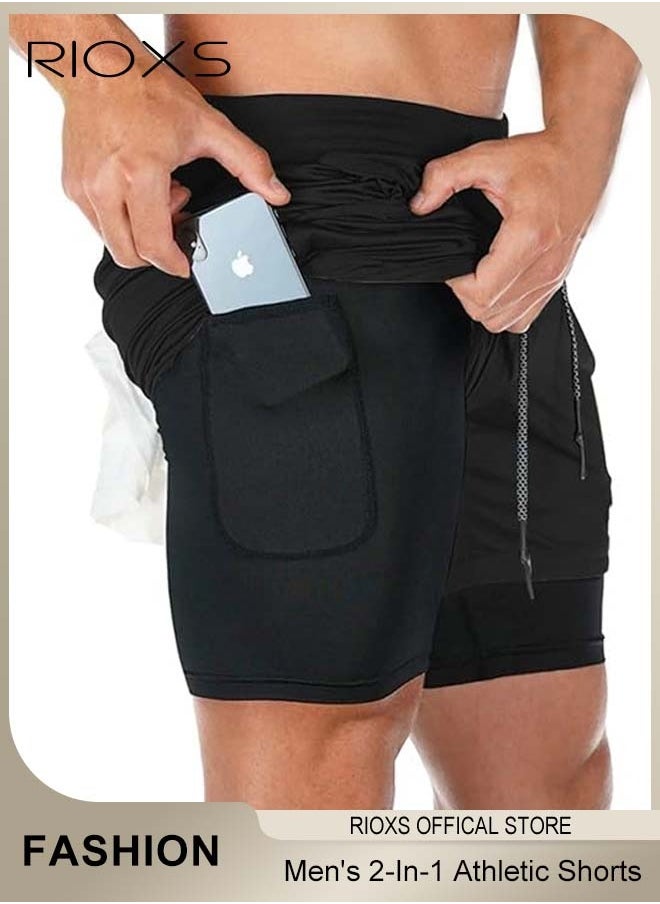 Men's 2-In-1 Athletic Running Shorts, Lightweight Sportwear Quick-Drying Shorts, Fitness Stretch Sports Shorts with Pockets for Phone, No Fading, No Deformation
