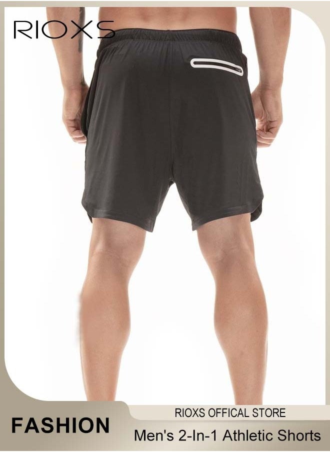 Men's 2-In-1 Athletic Running Shorts, Lightweight Sportwear Quick-Drying Shorts, Fitness Stretch Sports Shorts with Pockets for Phone, No Fading, No Deformation