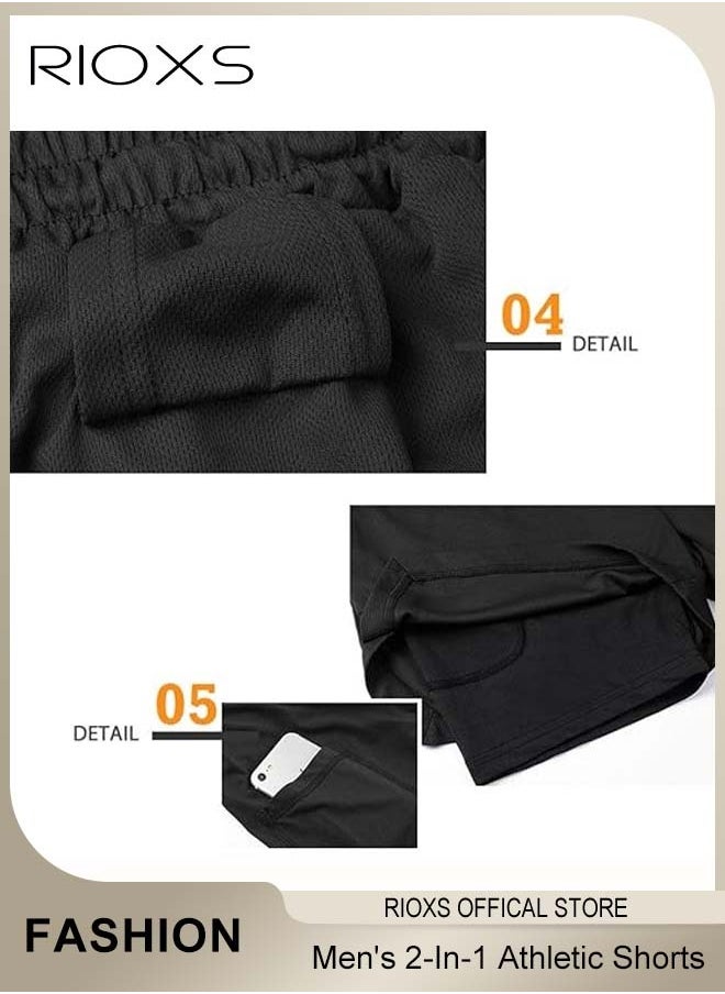 Men's 2-In-1 Athletic Running Shorts, Lightweight Sportwear Quick-Drying Shorts, Fitness Stretch Sports Shorts with Pockets for Phone, No Fading, No Deformation