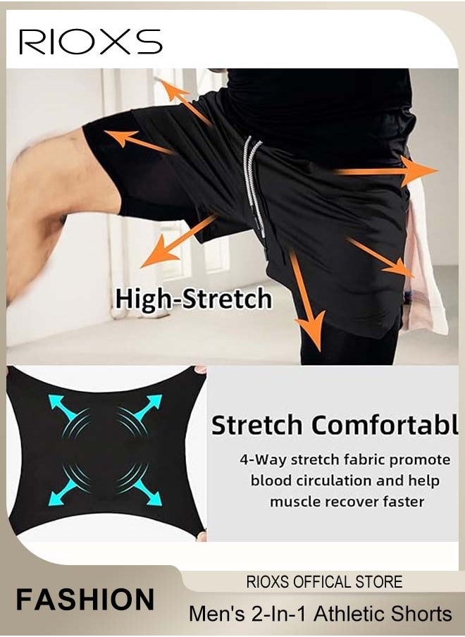 Men's 2-In-1 Athletic Running Shorts, Lightweight Sportwear Quick-Drying Shorts, Fitness Stretch Sports Shorts with Pockets for Phone, No Fading, No Deformation