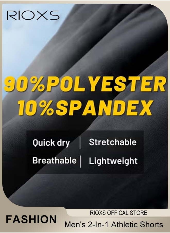 Men's 2-In-1 Athletic Running Shorts, Lightweight Sportwear Quick-Drying Shorts, Fitness Stretch Sports Shorts with Pockets for Phone, No Fading, No Deformation