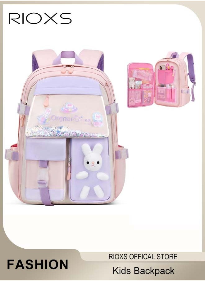 Kids Backpack, Little Girls Cute Personalized Book Bags, Bunny Backpack For Elementary School, Lightweight Resistant Big Travel Daypack With Beaded Quicks And Rabbit Doll, Kawaii Bookbag School Bag For Girls