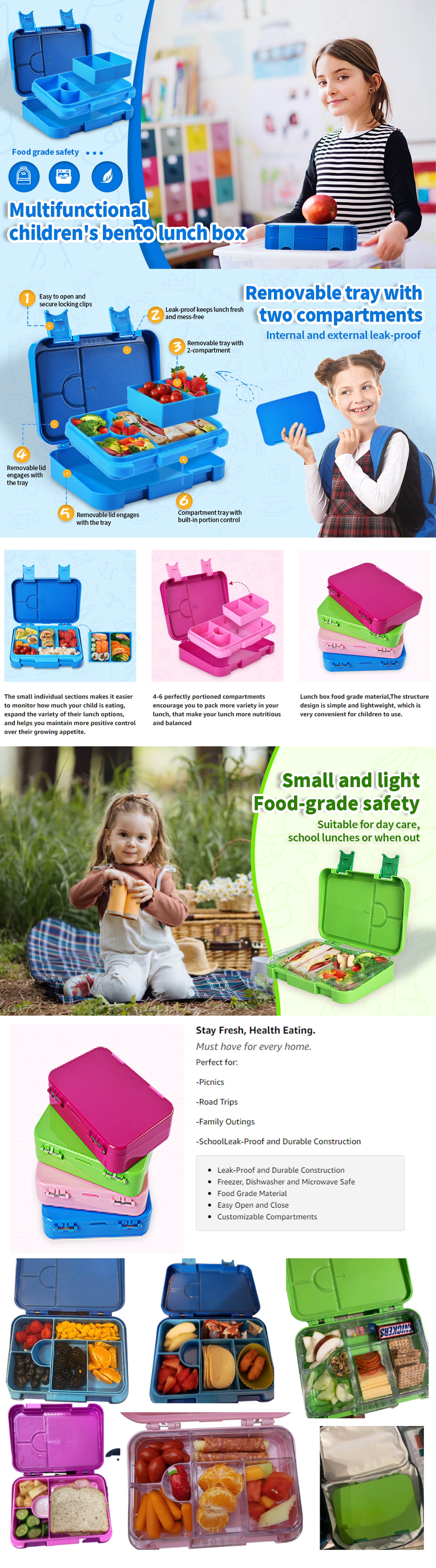 Children's Bento Lunch Box with 6 Compartments - Leak Proof Lunch Box for Boys, Girls, BPA-Free, Microwave Dishwasher Safe, Lunch Box for School (Blue)