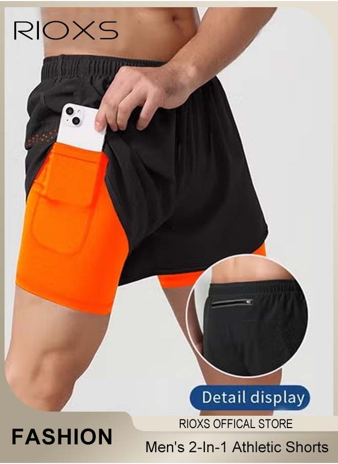 Men's 2-In-1 Athletic Running Shorts, Lightweight Sportwear Quick-Drying Shorts, Fitness Stretch Sports Shorts with Pocket, No Fading, No Deformation