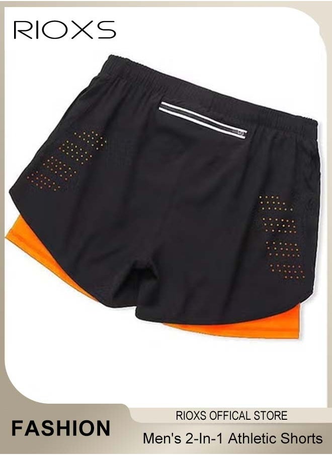 Men's 2-In-1 Athletic Running Shorts, Lightweight Sportwear Quick-Drying Shorts, Fitness Stretch Sports Shorts with Pocket, No Fading, No Deformation