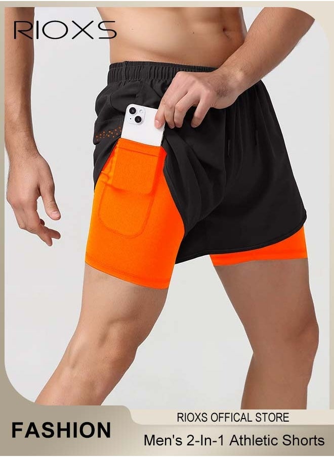Men's 2-In-1 Athletic Running Shorts, Lightweight Sportwear Quick-Drying Shorts, Fitness Stretch Sports Shorts with Pocket, No Fading, No Deformation