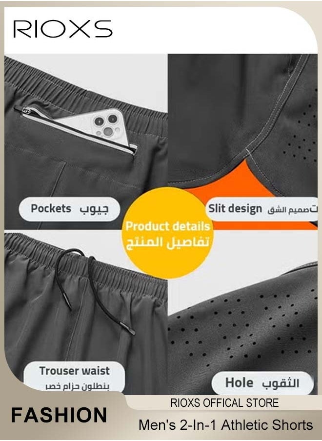 Men's 2-In-1 Athletic Running Shorts, Lightweight Sportwear Quick-Drying Shorts, Fitness Stretch Sports Shorts with Pocket, No Fading, No Deformation