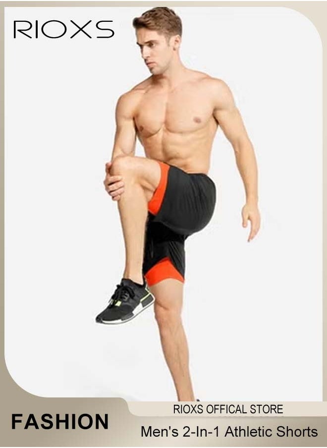 Men's 2-In-1 Athletic Running Shorts, Lightweight Sportwear Quick-Drying Shorts, Fitness Stretch Sports Shorts with Pocket, No Fading, No Deformation