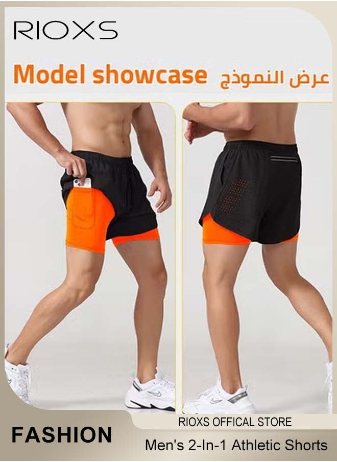 Men's 2-In-1 Athletic Running Shorts, Lightweight Sportwear Quick-Drying Shorts, Fitness Stretch Sports Shorts with Pocket, No Fading, No Deformation