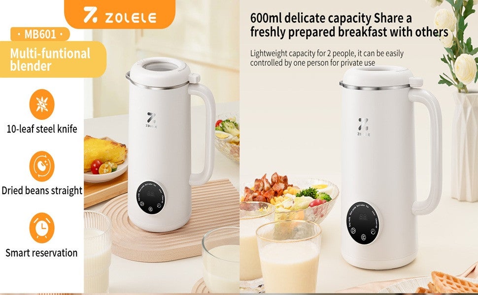Multi-Functional Blender & Kettle 600W Power 600mL Electrice Blender with 10 Stainless Steel Blades, 4 Blending Mode  Touch Screen Make Smoothies, Juices and Soy Milk (Grinder/Chopper) MB601-White