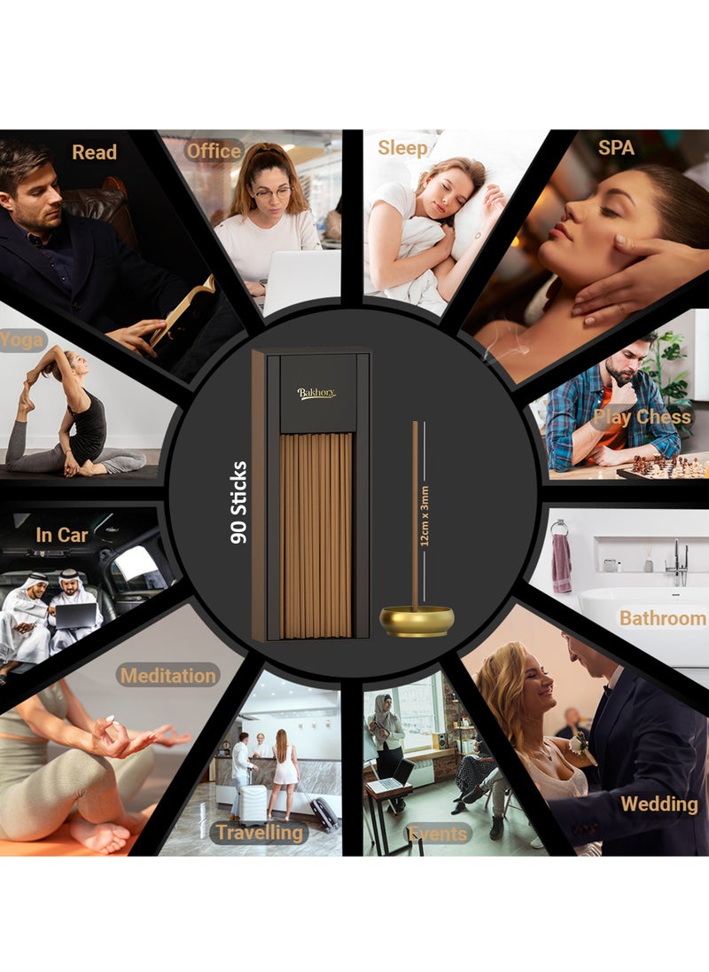 90 Pcs Cambodian Oud Incense Stick, Pure Agarwood, 3mm Thick for Home, Office, Yoga Studio, Meditation with Free Copper Incense Stick Burner, Holder, 50g