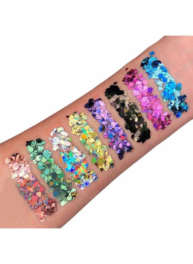 Holographic Glitter Shapes by Moon Glitter – 100% Cosmetic Glitter for Face, Body, Nails, Hair and Lips - 0.10oz - Set of 8 colours
