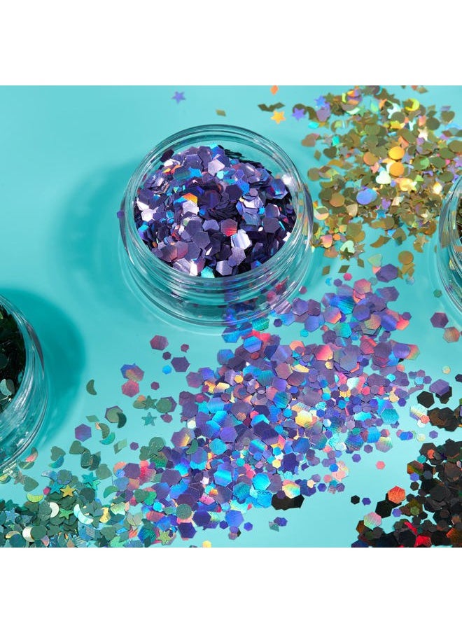 Holographic Glitter Shapes by Moon Glitter – 100% Cosmetic Glitter for Face, Body, Nails, Hair and Lips - 0.10oz - Set of 8 colours