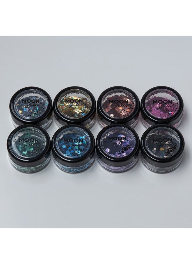 Holographic Glitter Shapes by Moon Glitter – 100% Cosmetic Glitter for Face, Body, Nails, Hair and Lips - 0.10oz - Set of 8 colours