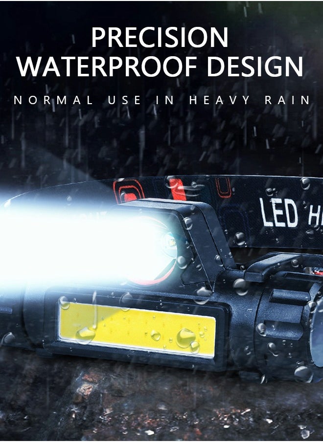 Rechargeable Waterproof  LED Headlamp with 2 Lights and Adjustable Headlight Beam for Running Camping Cycling Outdoor Adults Kids