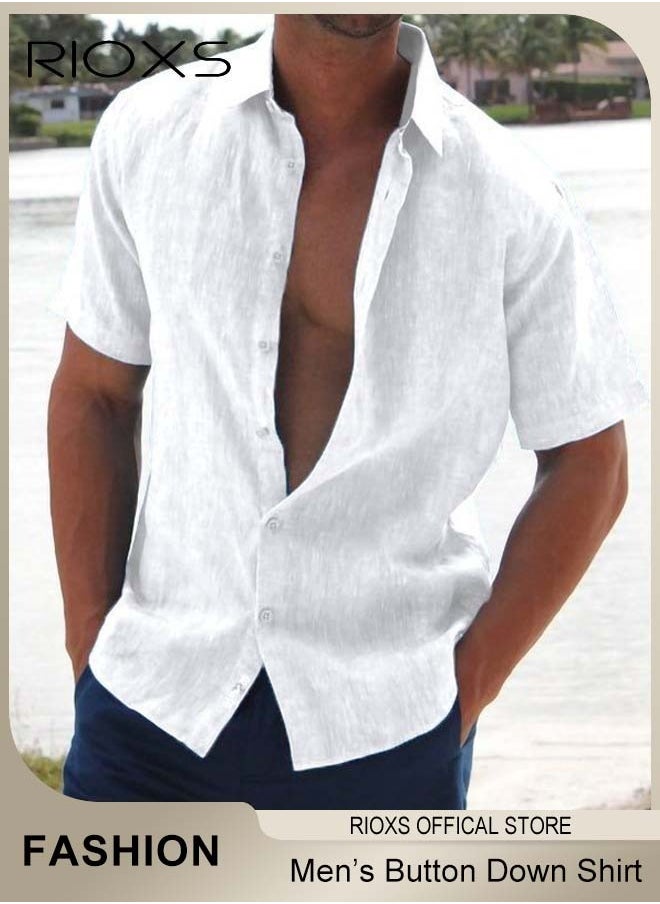 Men's Short Sleeve Henley Shirt, Loose Linen Cotton Button-Up Tops, Casual Beach Shirt For Men, Comfy Breathable Shirt For Travel Hawaii Work And Daily Wear, Button Down Shirt As Gifts For Grandfather/ Dad/ Boyfrind/ Husband