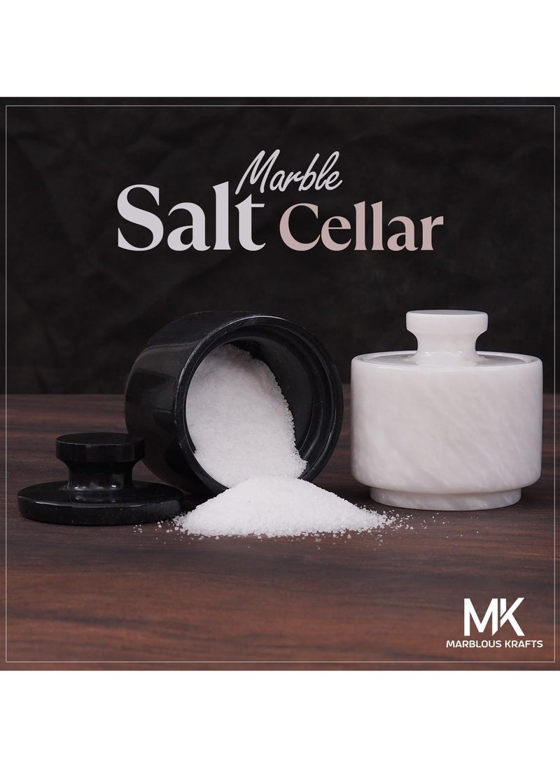 Handmade Marble Black and White Salt Cellar Set of 2 Bowls Decor for Kitchen Counter