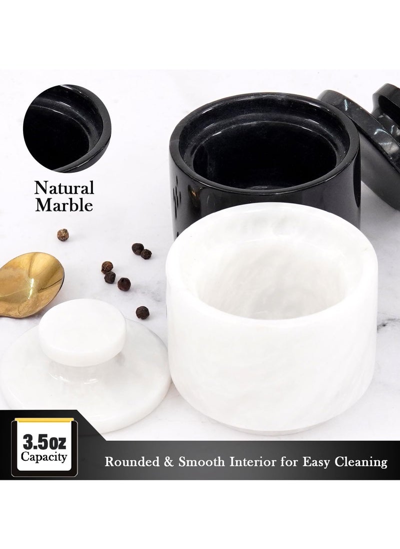 Handmade Marble Black and White Salt Cellar Set of 2 Bowls Decor for Kitchen Counter