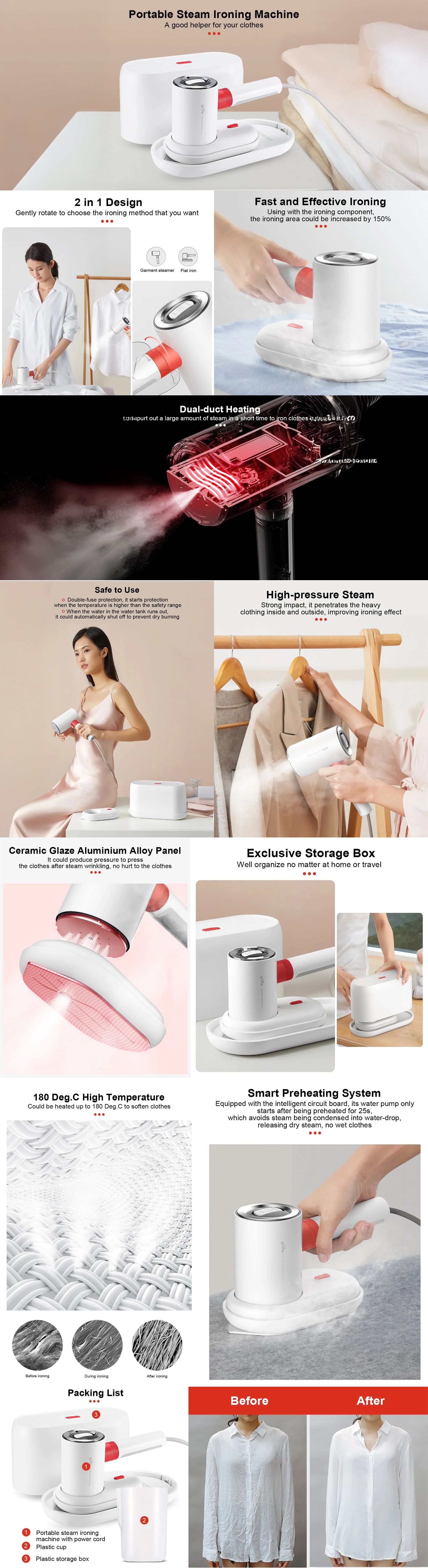 2 In 1 Portable Multi-Function Steam And Flat Iron Intelligent Preheating System 0.5b High Pressure Dual-Duct Heating 110 ml 1000 W HS200 White