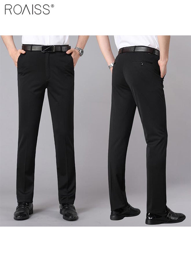 Men's Fashion Casual Business Pants Summer Light Thin High Elastic Classic Pure Black Suit Pants Skintight Wrinkle-Resistant High Waist Straight Trousers with Pockets on Both Sides