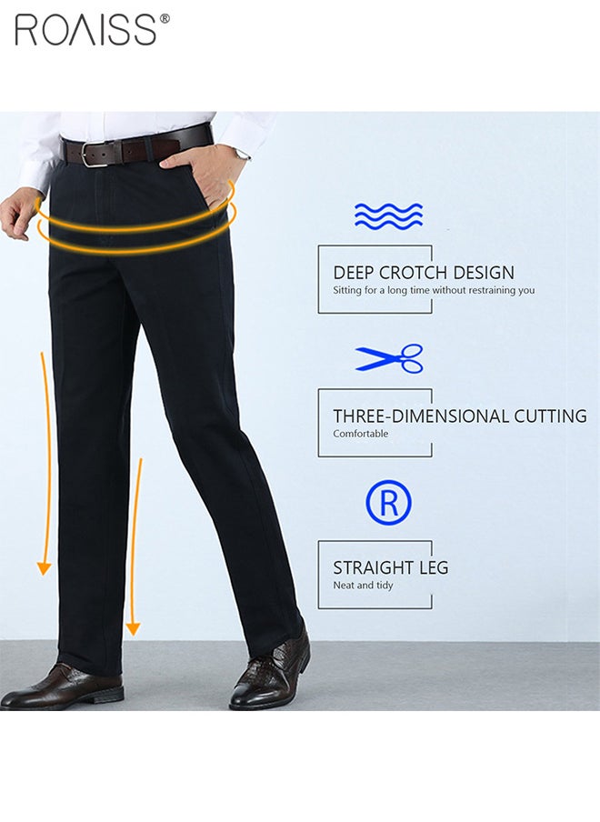 Men's Fashion Casual Business Pants Summer Light Thin High Elastic Classic Pure Black Suit Pants Skintight Wrinkle-Resistant High Waist Straight Trousers with Pockets on Both Sides