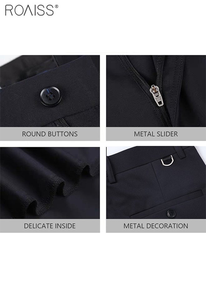 Men's Fashion Casual Business Pants Summer Light Thin High Elastic Classic Pure Black Suit Pants Skintight Wrinkle-Resistant High Waist Straight Trousers with Pockets on Both Sides