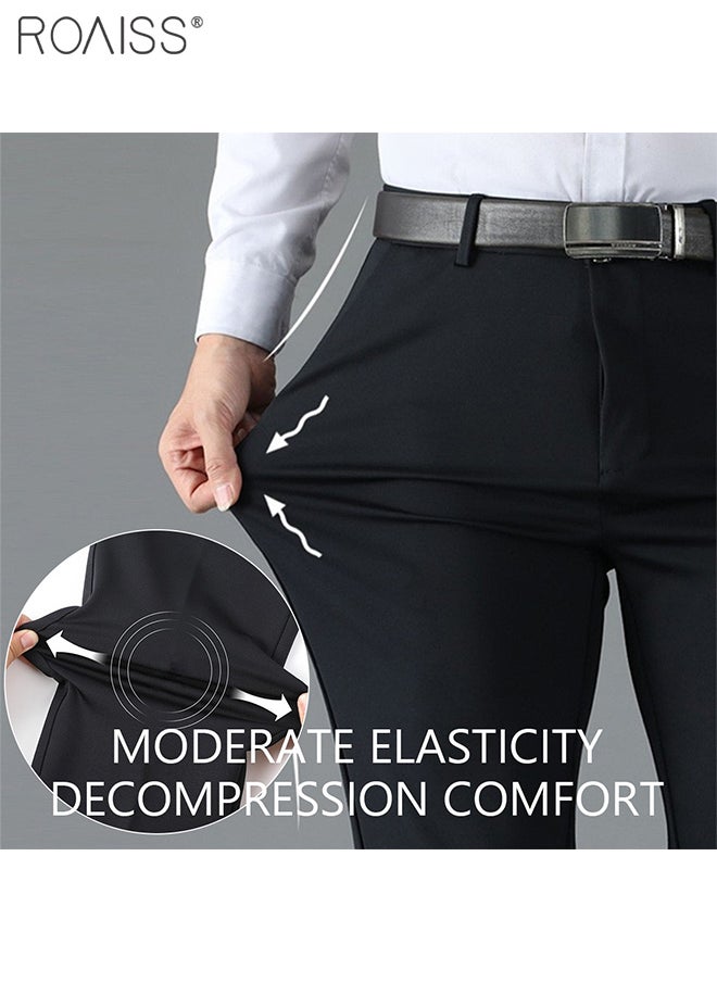 Men's Fashion Casual Business Pants Summer Light Thin High Elastic Classic Pure Black Suit Pants Skintight Wrinkle-Resistant High Waist Straight Trousers with Pockets on Both Sides