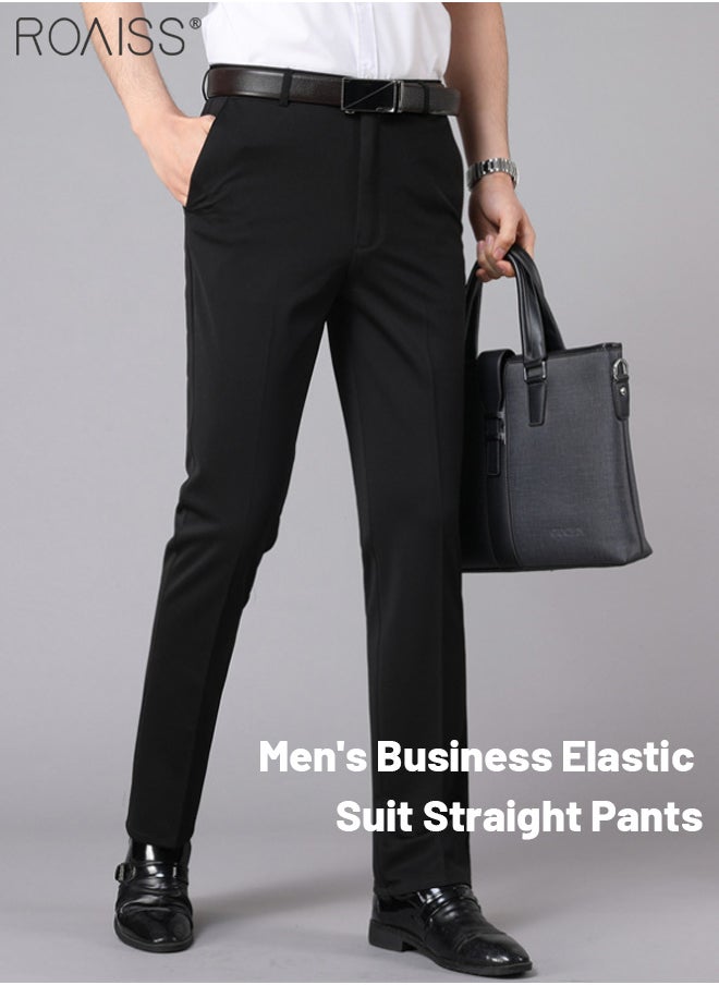 Men's Fashion Casual Business Pants Summer Light Thin High Elastic Classic Pure Black Suit Pants Skintight Wrinkle-Resistant High Waist Straight Trousers with Pockets on Both Sides